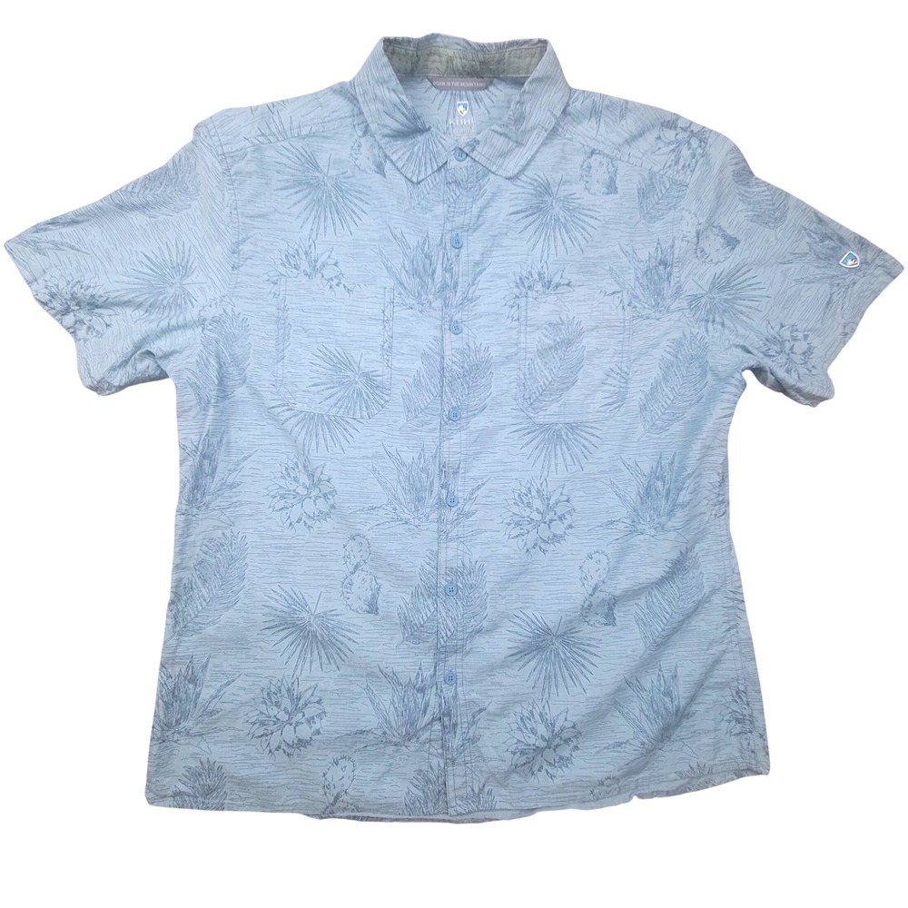 Kuhl Mens XL Light Blue Agave Cactus Print Cotton Tencel Short Sleeve Shirt 7575